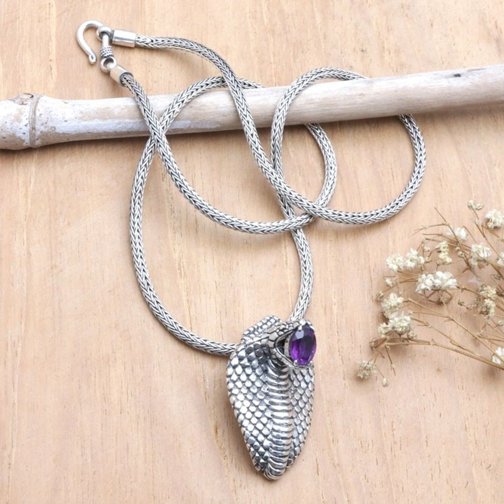 Sterling Silver Cobra Pendant Necklace with 1-Carat Amethyst 'Wisdom Cobra'