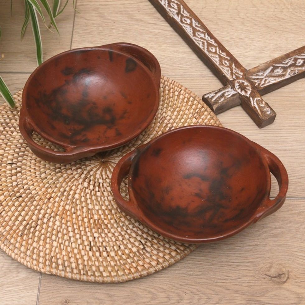 Pair of Brown Ceramic Serving Bowls Crafted in Indonesia 'Brown Feast'