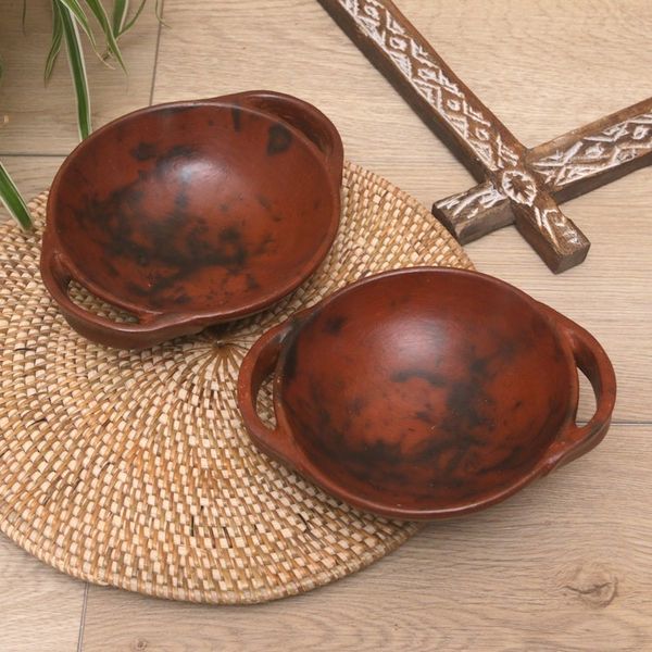 Alternate image for Pair of Brown Ceramic Serving Bowls Crafted in Indonesia Brown Feast