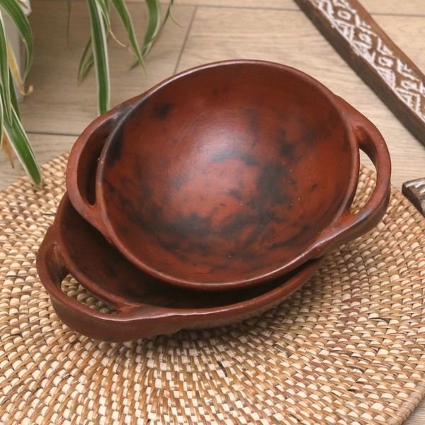 Alternate image for Pair of Brown Ceramic Serving Bowls Crafted in Indonesia Brown Feast