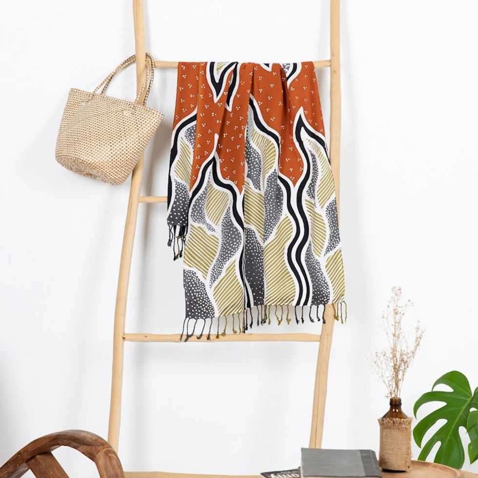 Handcrafted Batik Rayon Shawl in Orange and Grey Hues 'Tropical Sunset'