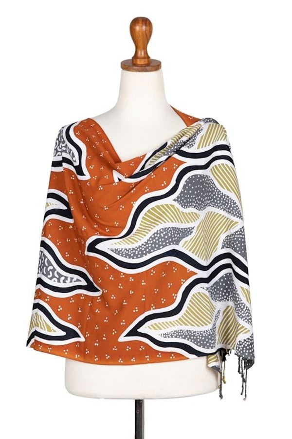 Alternate image for Handcrafted Batik Rayon Shawl in Orange and Grey Hues Tropical Sunset
