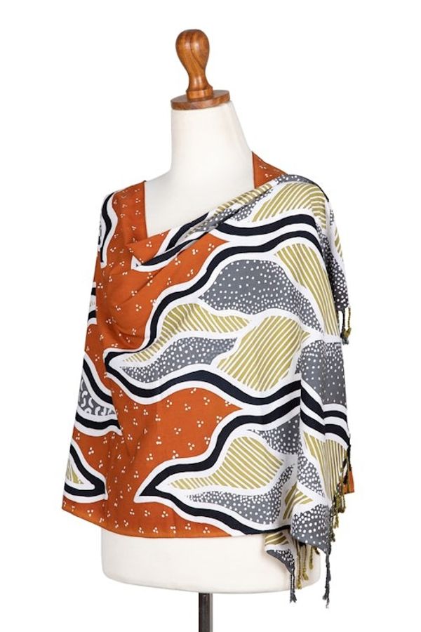 Alternate image for Handcrafted Batik Rayon Shawl in Orange and Grey Hues Tropical Sunset