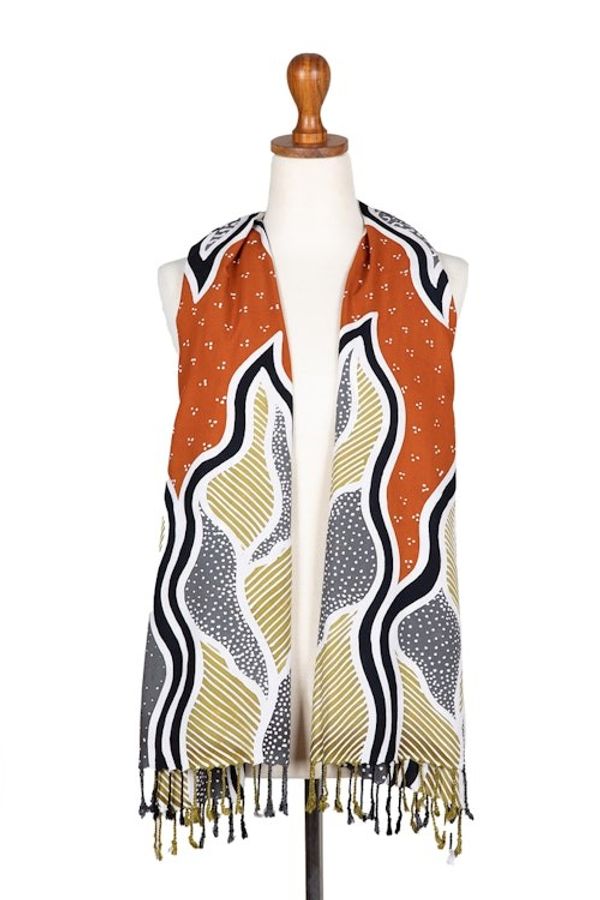 Alternate image for Handcrafted Batik Rayon Shawl in Orange and Grey Hues Tropical Sunset