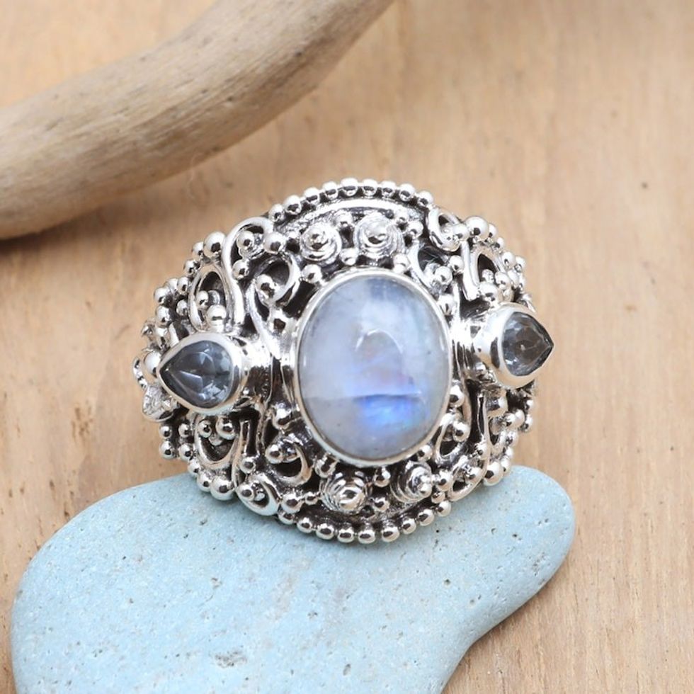 Rainbow Moonstone Blue Topaz and 925 Silver Cocktail Ring 'Nirvana Plumeria'