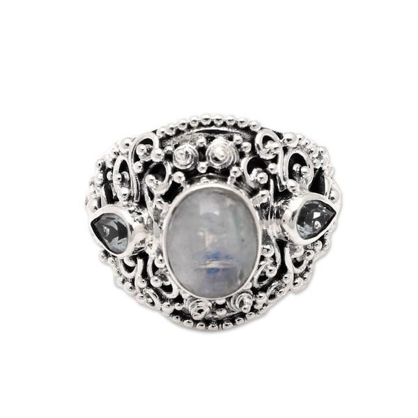 Alternate image for Rainbow Moonstone Blue Topaz and 925 Silver Cocktail Ring Nirvana Plumeria