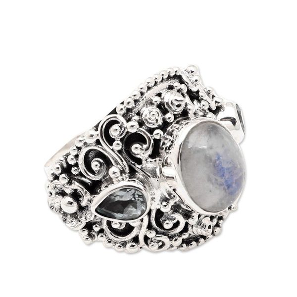Alternate image for Rainbow Moonstone Blue Topaz and 925 Silver Cocktail Ring Nirvana Plumeria