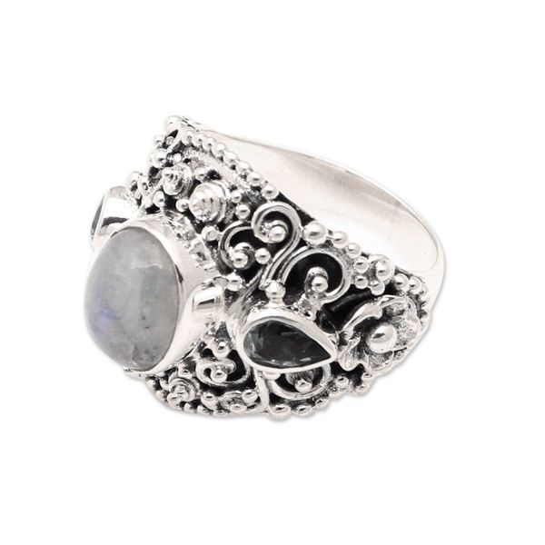 Alternate image for Rainbow Moonstone Blue Topaz and 925 Silver Cocktail Ring Nirvana Plumeria