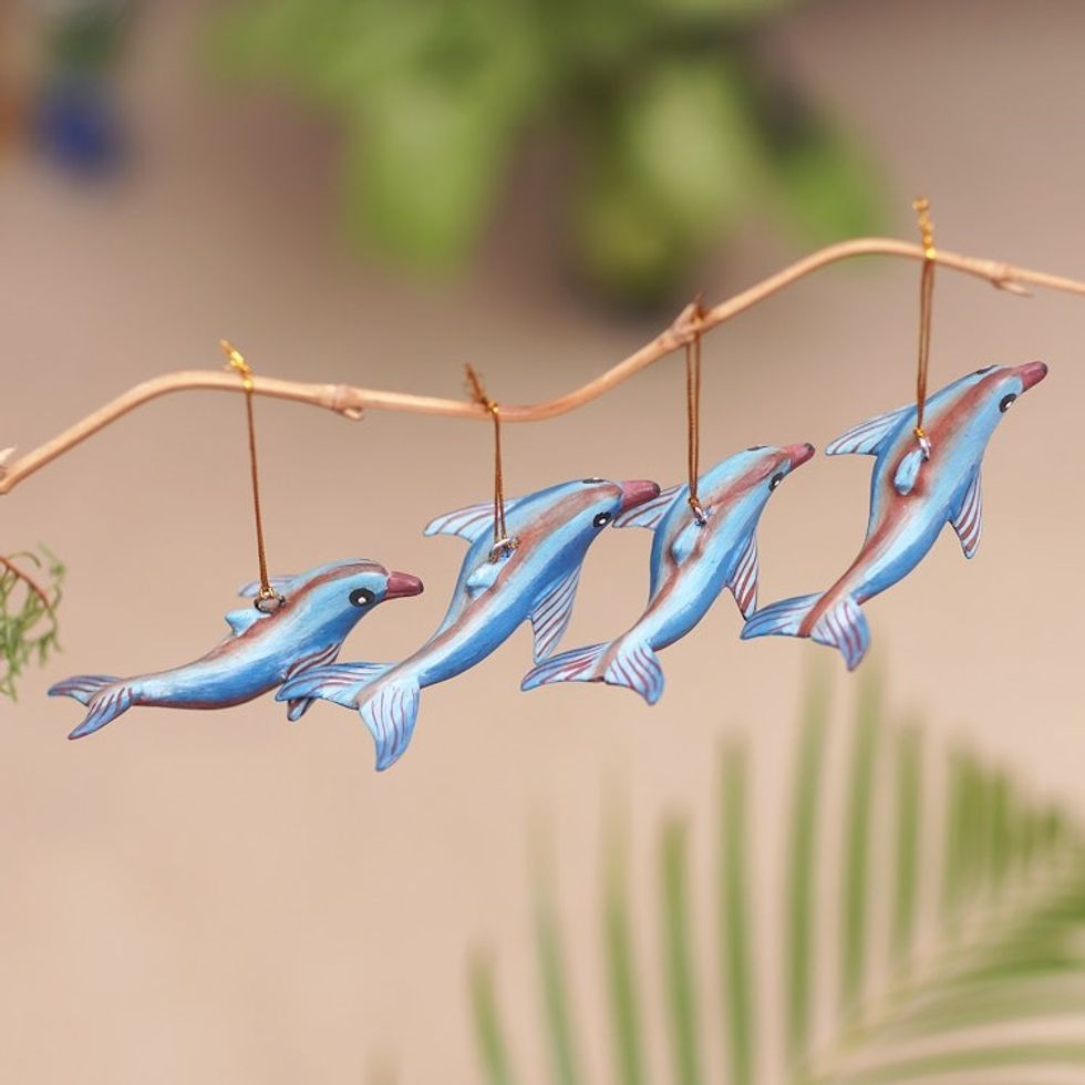 Handcrafted Jempinis Wood Dolphin Ornaments Set of 4 'Joyful Flippers'