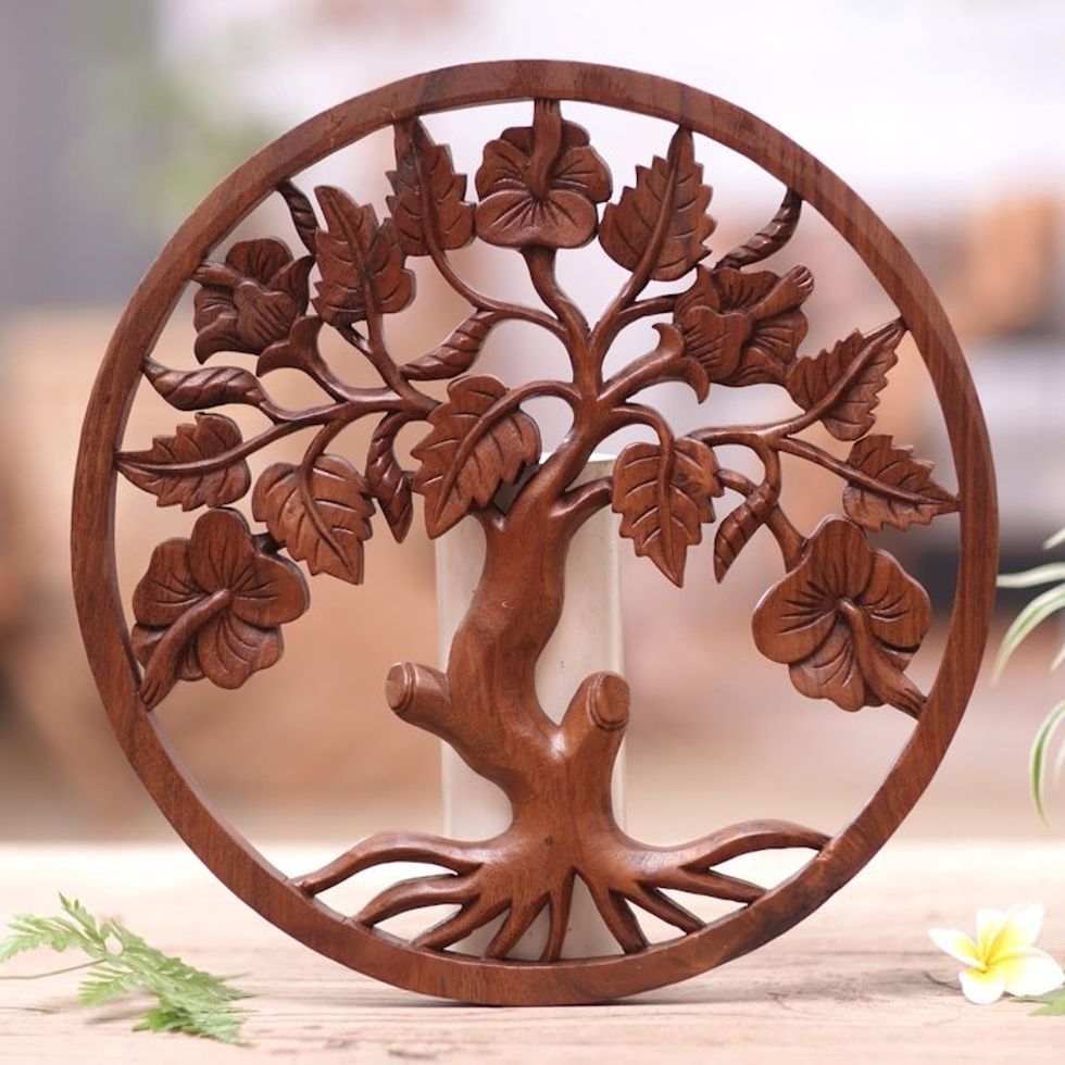 Hand-Carved Suar Wood Relief Panel of Hibiscus Tree 'Hibiscus Charm'