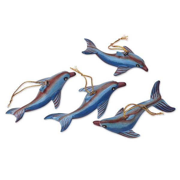 Alternate image for Handcrafted Jempinis Wood Dolphin Ornaments Set of 4 Joyful Flippers