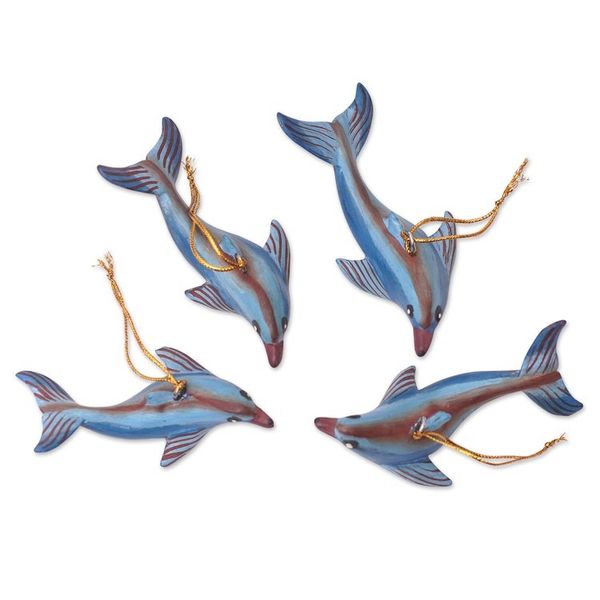 Alternate image for Handcrafted Jempinis Wood Dolphin Ornaments Set of 4 Joyful Flippers