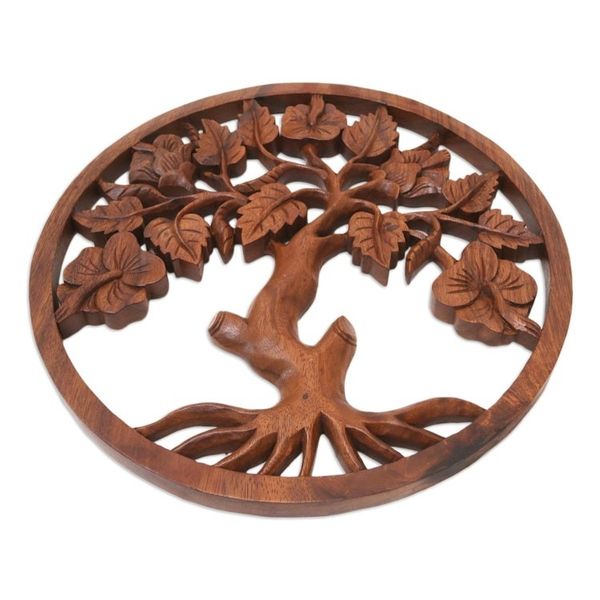 Alternate image for Hand-Carved Suar Wood Relief Panel of Hibiscus Tree Hibiscus Charm