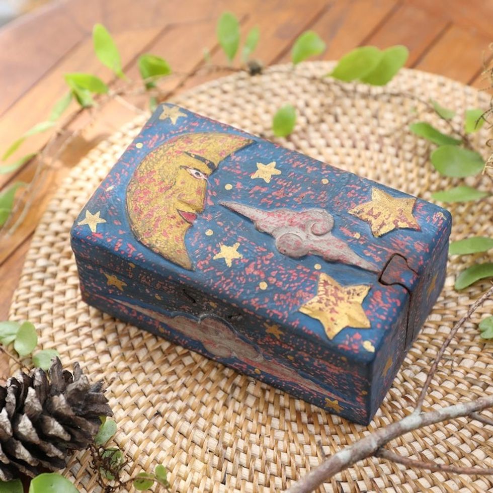 Hand-Painted Suar Wood Decorative Box with Night Scene 'Gianyar Moonlight'