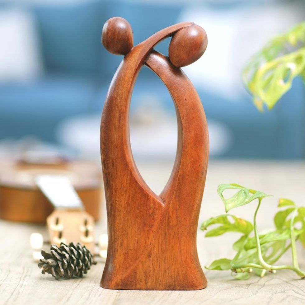 Hand-Carved Polished Suar Wood Sculpture of a Couple's Hug 'Wedding Embrace'