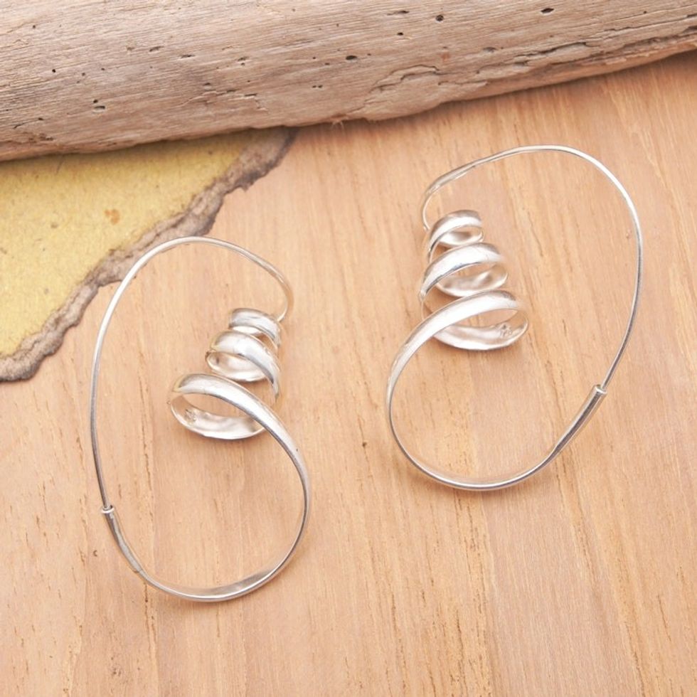 Polished Modern Sterling Silver Drop Earrings from Bali 'Light Tornadoes'