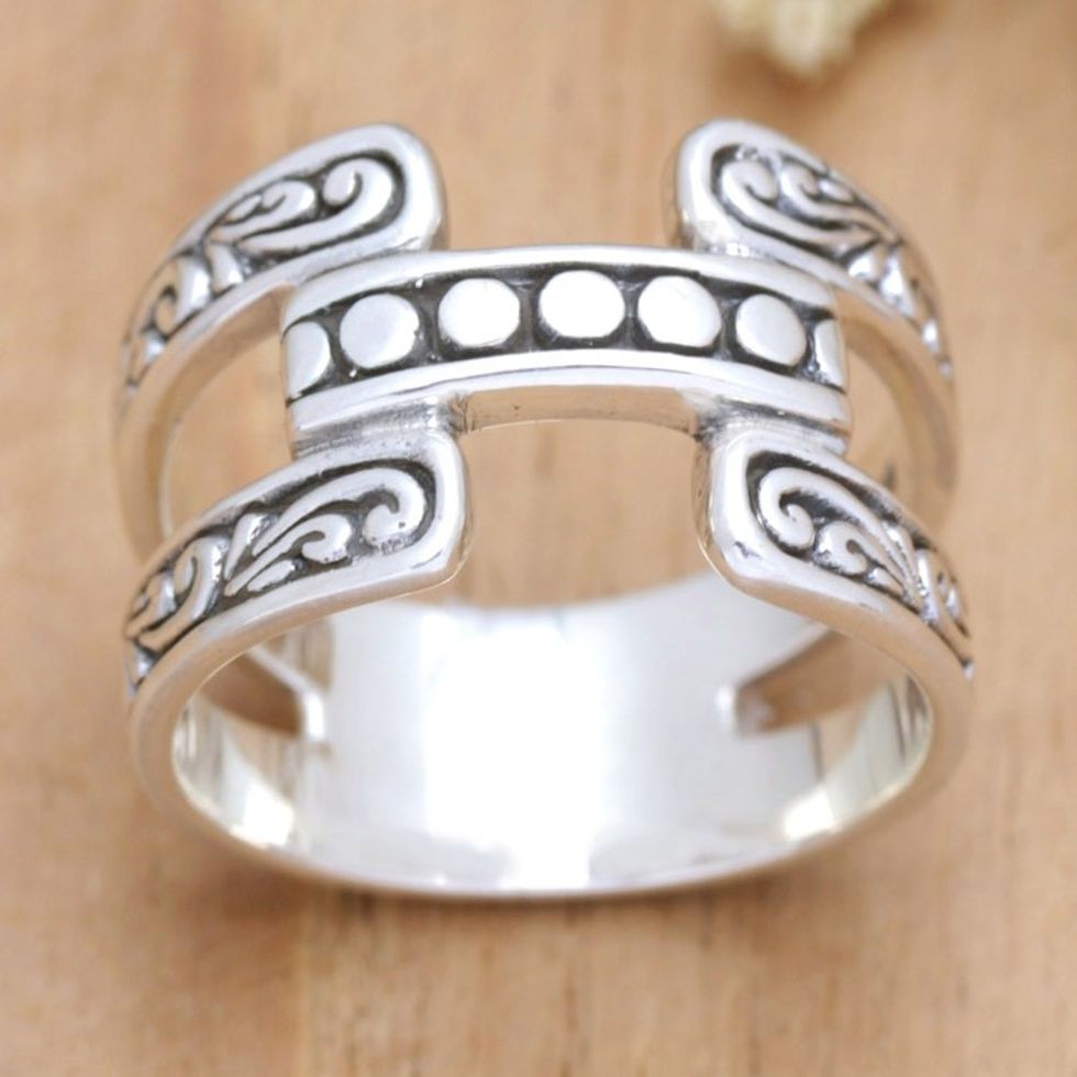 Polished Armadillo-Themed Sterling Silver Band Ring 'Armadillo Heaven'