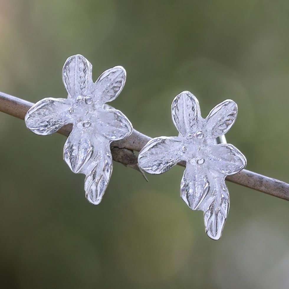Sterling Silver Floral and Leafy Button Earrings from Bali 'Enchanting Lilies'