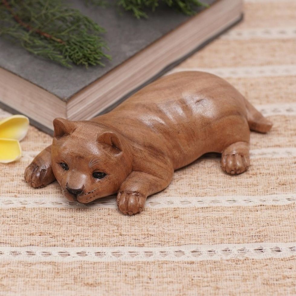 Wood Figurine of Resting Kitten Hand-Carved in Bali 'Lazy Kitten'