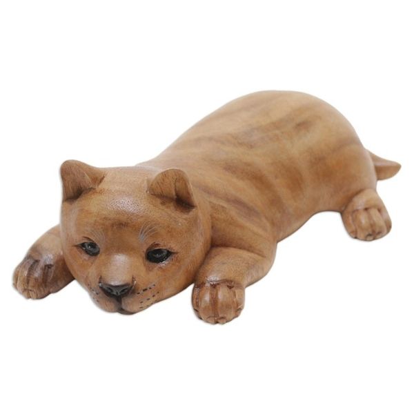 Alternate image for Wood Figurine of Resting Kitten Hand-Carved in Bali Lazy Kitten