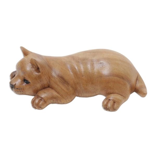 Alternate image for Wood Figurine of Resting Kitten Hand-Carved in Bali Lazy Kitten