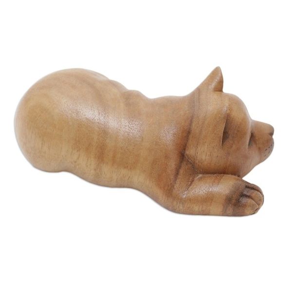 Alternate image for Wood Figurine of Resting Kitten Hand-Carved in Bali Lazy Kitten