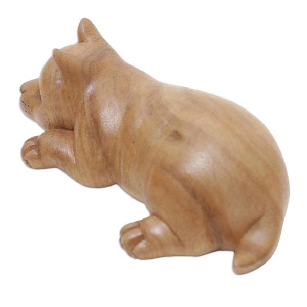 Alternate image for Wood Figurine of Resting Kitten Hand-Carved in Bali Lazy Kitten
