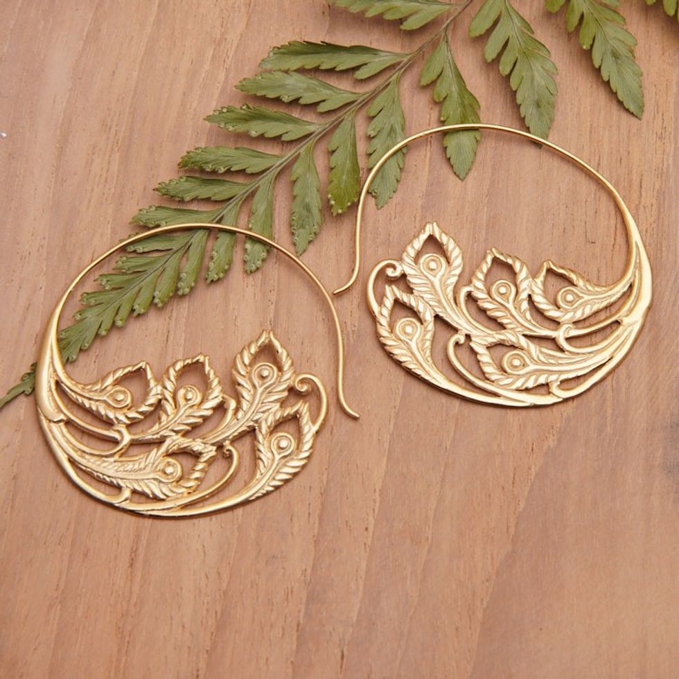 Feather-Themed 18k Gold-Plated Drop Earrings from Bali 'Celestial Feathers'