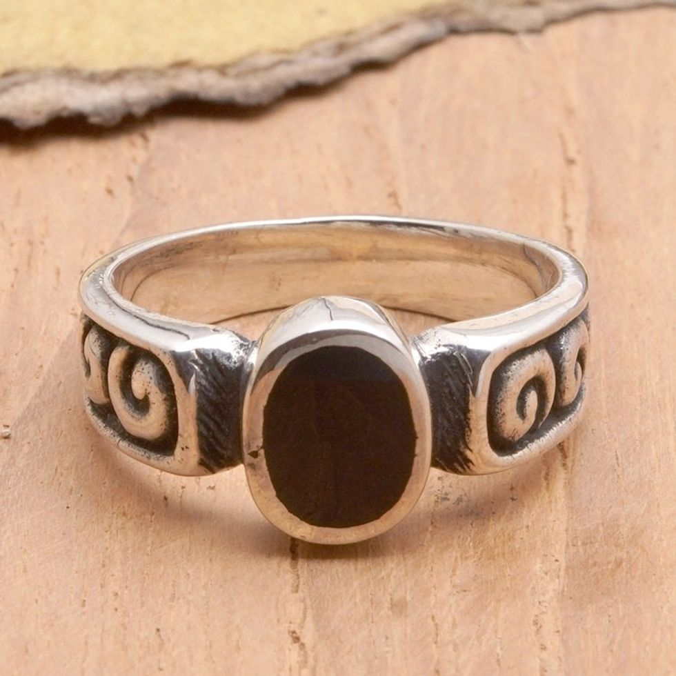 Sterling Silver Band Ring with Resin Accent from Bali 'Snail Inspiration'