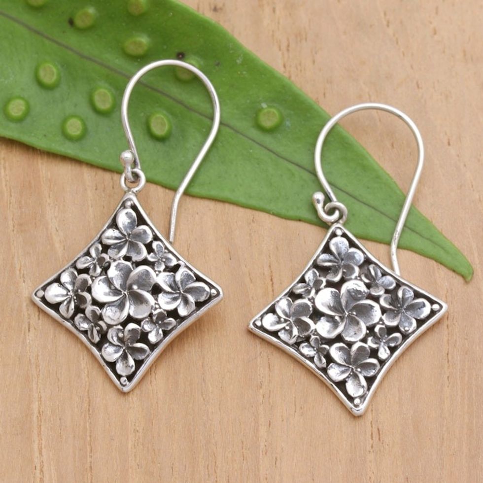 Diamond-Shaped Sterling Silver Floral Dangle Earrings 'Frangipani Spark'