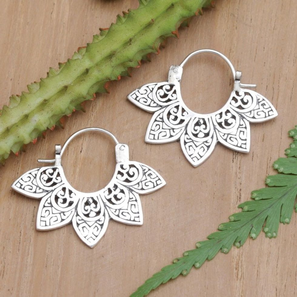 Balinese Sterling Silver Hoop Earrings with Floral Motif 'Balinese Flower'