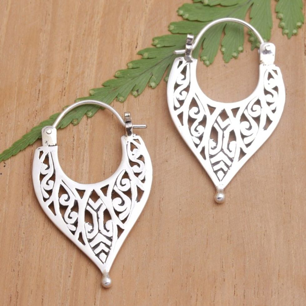 Sterling Silver Hoop Earrings with Openwork Accents 'Carved Slingshot'