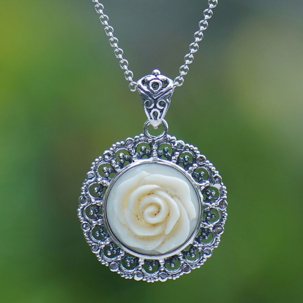 Handcrafted Sterling Silver Rose-Themed Pendant Necklace 'Peace Rose'