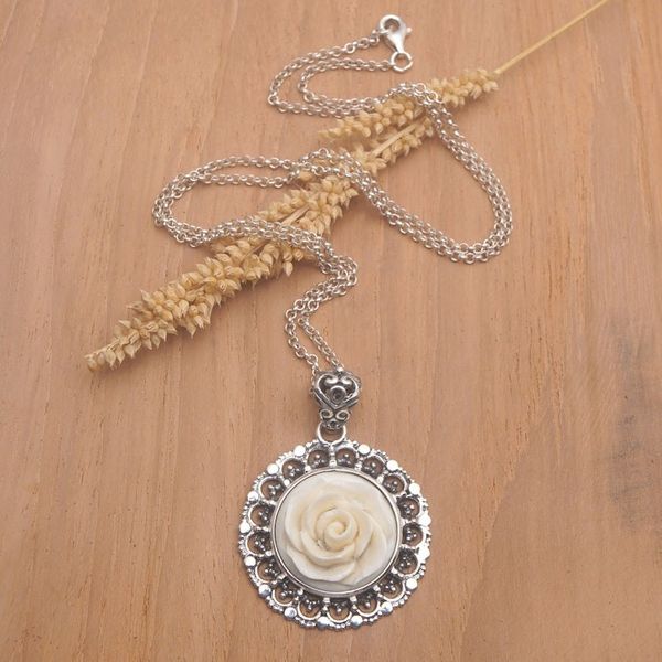 Alternate image for Handcrafted Sterling Silver Rose-Themed Pendant Necklace Peace Rose