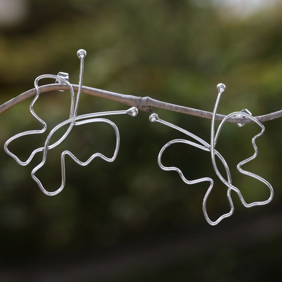 Butterfly-Shaped Sterling Silver Drop Earrings from Bali 'Silhouettes of Hope'