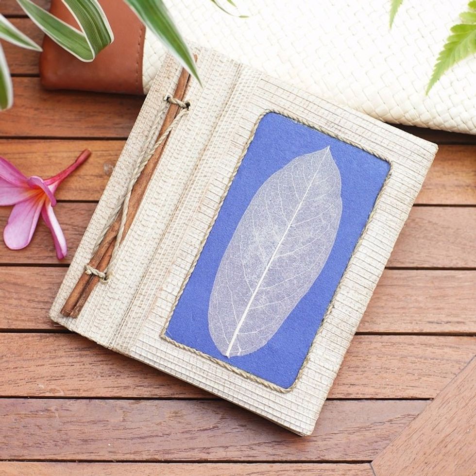 Hand-Crafted Eco-Friendly Natural Fiber Journal in Blue 'Blue Leaf'