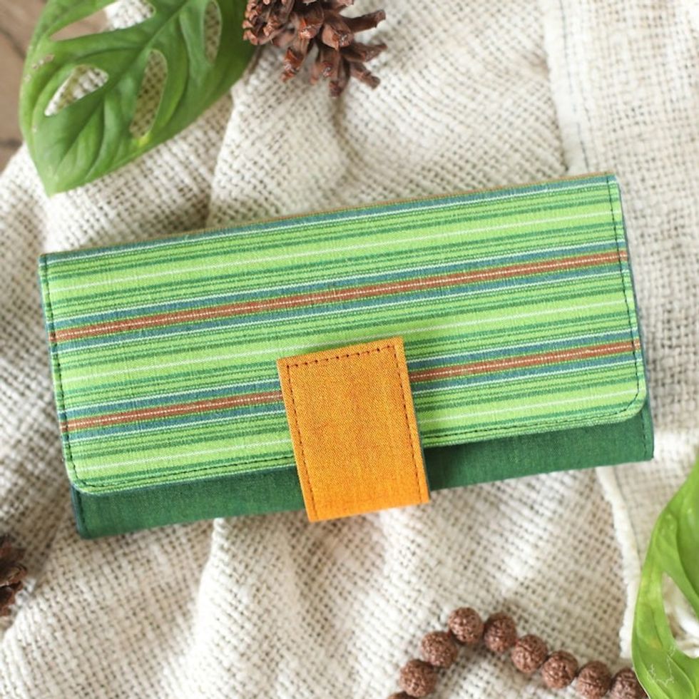 Handwoven Striped Green and Yellow Cotton Clutch from Java 'Green Sekaten'