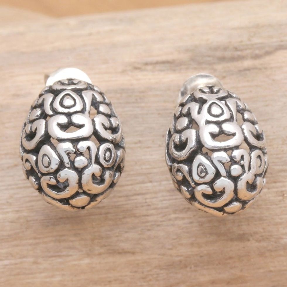 Sterling Silver Button Earrings with Traditional Patterns 'Bali Protection'