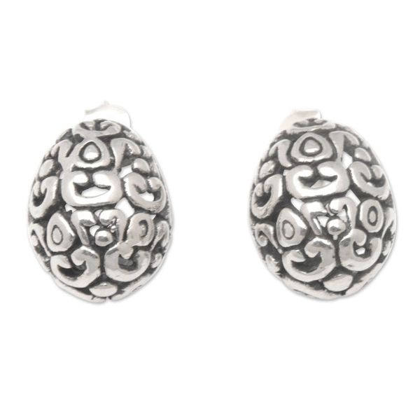 Alternate image for Sterling Silver Button Earrings with Traditional Patterns Bali Protection