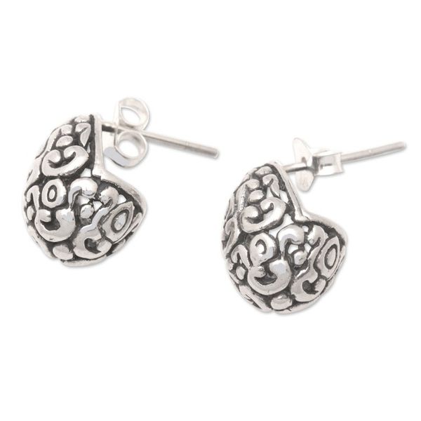 Alternate image for Sterling Silver Button Earrings with Traditional Patterns Bali Protection