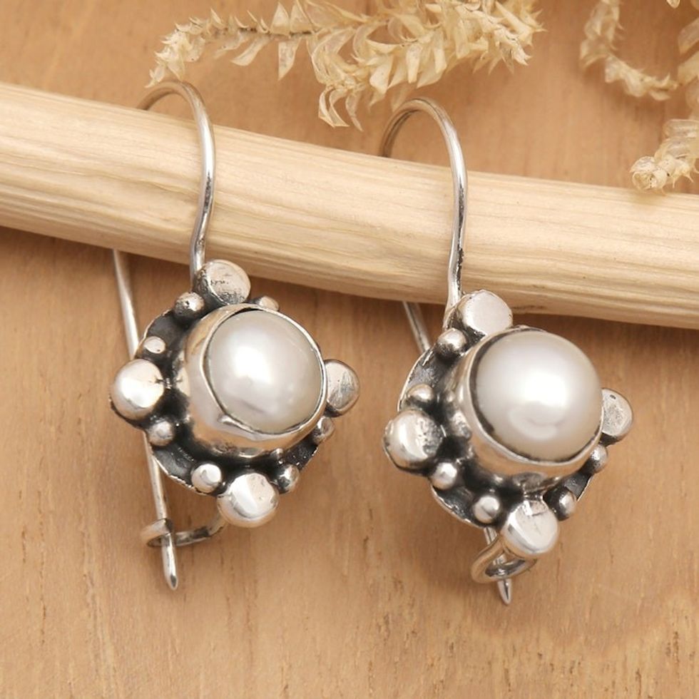 Star-Themed Grey Cultured Pearl Drop Earrings from Bali 'Dignity Star'