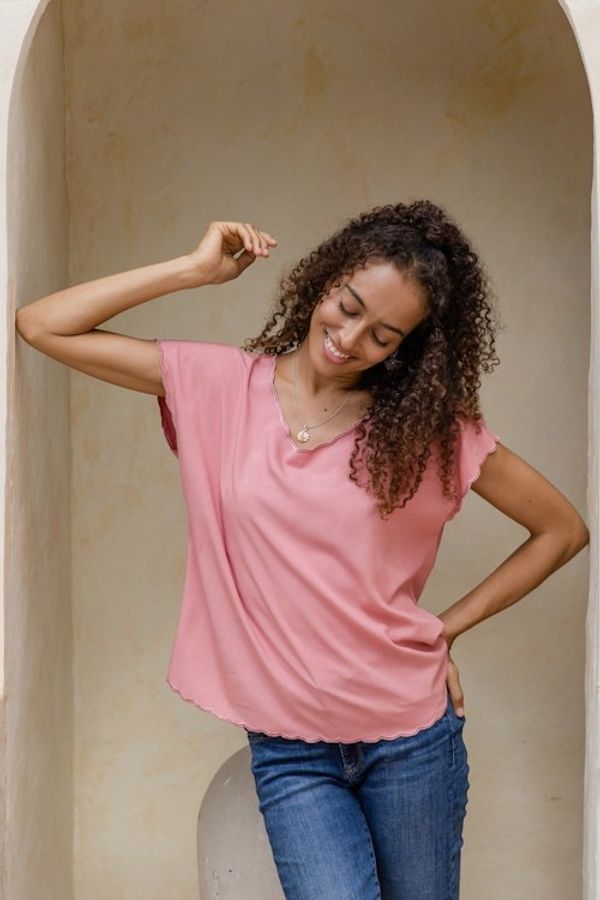 Alternate image for Embroidered Short-Sleeve Pink Rayon Blouse from Bali Timeless in Rose