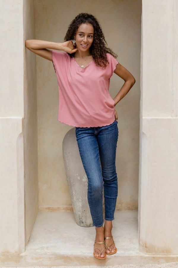 Alternate image for Embroidered Short-Sleeve Pink Rayon Blouse from Bali Timeless in Rose