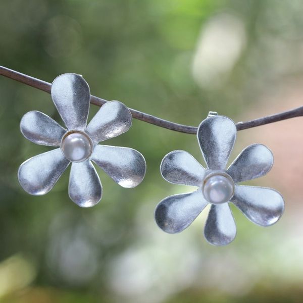 Alternate image for Sterling Silver and Cultured Pearl Floral Drop Earrings Innocence Blooms