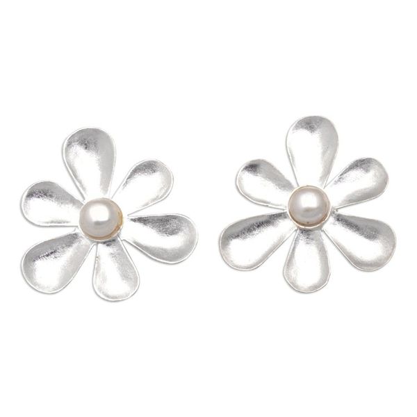 Alternate image for Sterling Silver and Cultured Pearl Floral Drop Earrings Innocence Blooms