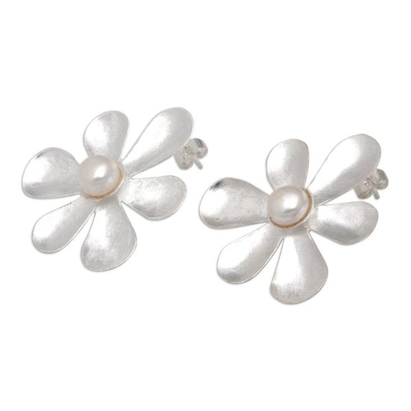 Alternate image for Sterling Silver and Cultured Pearl Floral Drop Earrings Innocence Blooms