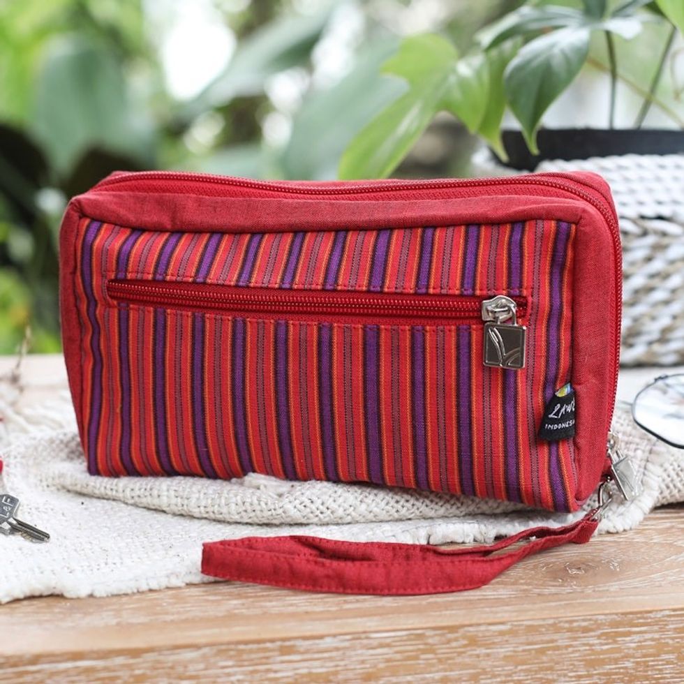 Multi-Pocket Red and Purple Wristlet Bag Crafted from Cotton 'Versatile Red'