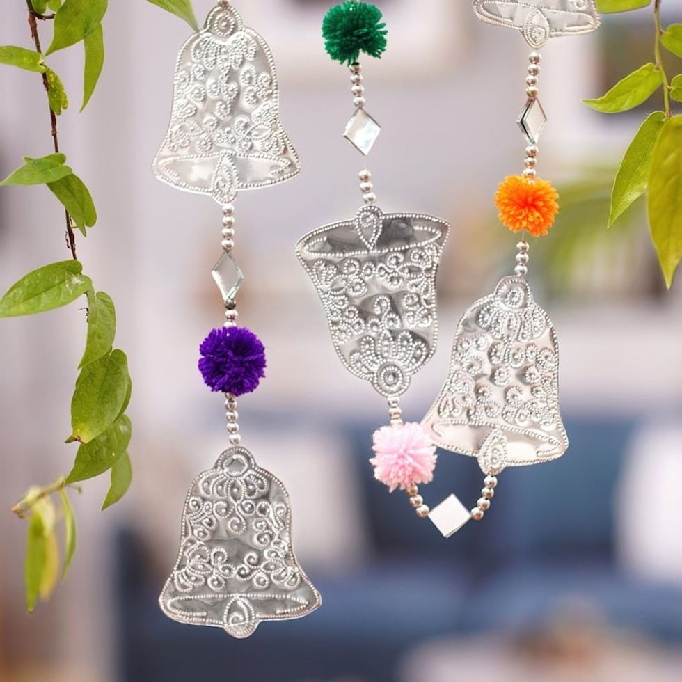 Embossed Aluminum Bell Garland with Glass Diamonds from Bali 'Celebration Rhythm'