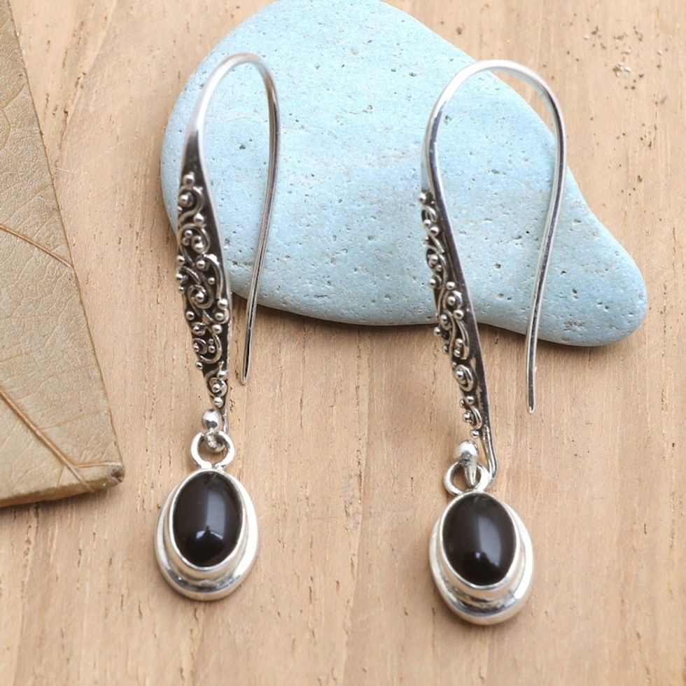Sterling Silver and Onyx Dangle Earrings Crafted in Bali 'Heaven's Treasure in Black'