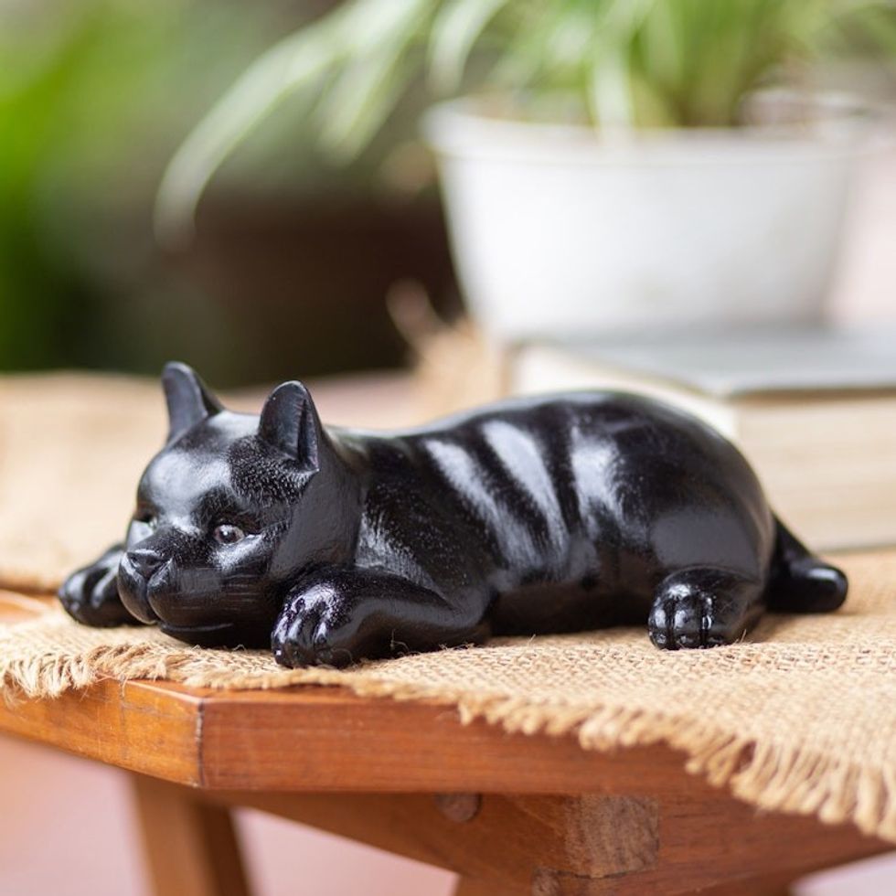 Hand-Carved Black Suar Wood Sculpture of a Sleepy Puppy 'Sleepy Paws'